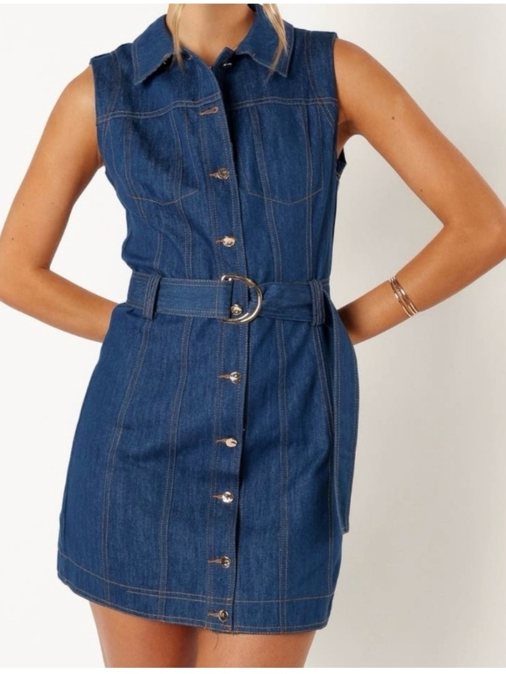 Petal & Pup Sleeveless Dark Blue Denim Mini Dress with Belt